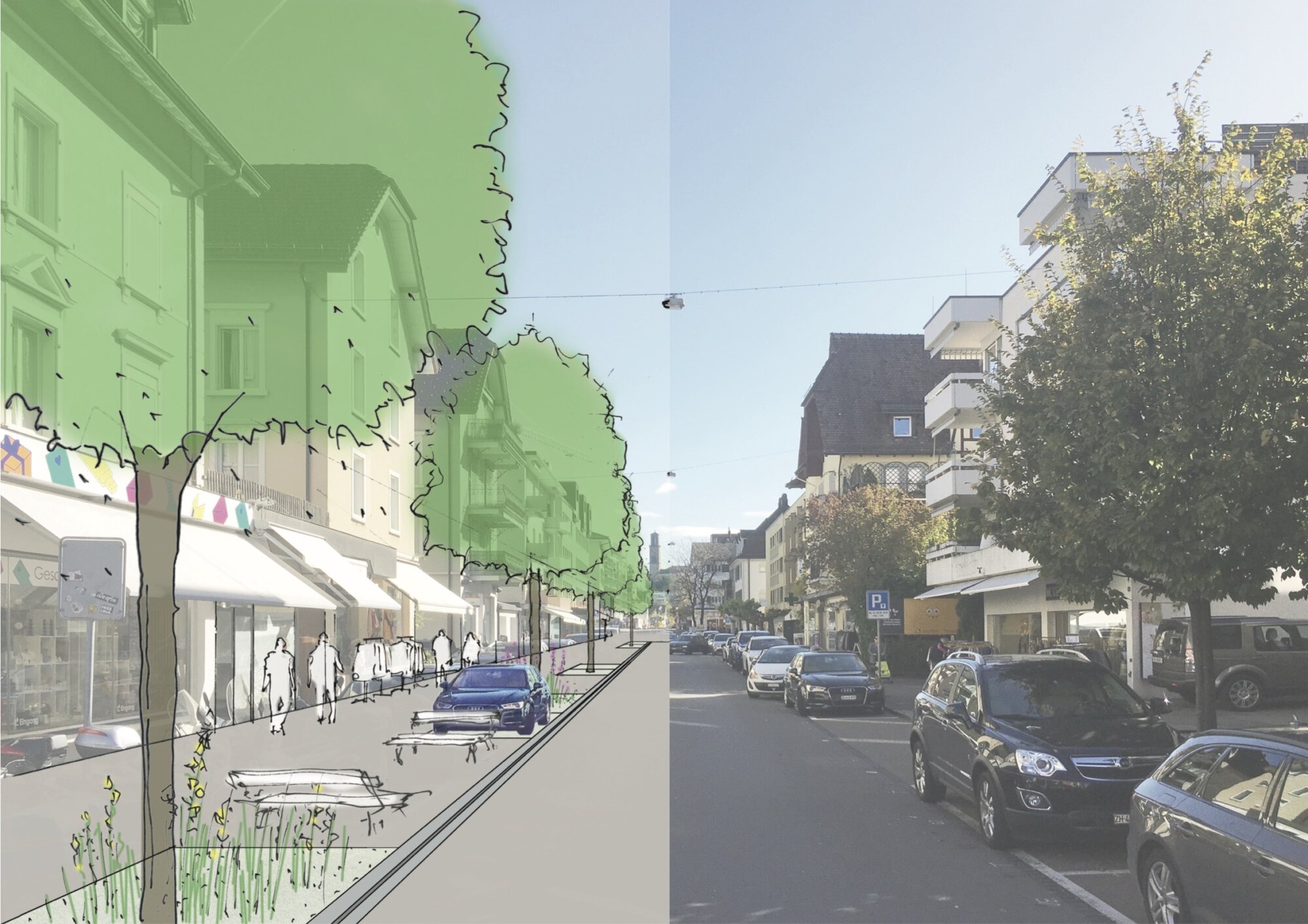 Gotthardstrasse, Thalwil: Montage vorher-nachher. Abbildung: © Gemeinde Thalwil
